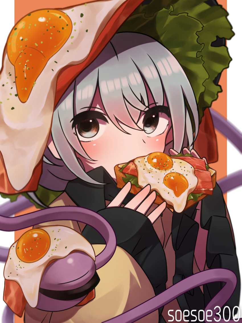 1girl artist_name bacon bread bread_slice eating food food-themed_hat fried_egg green_eyes green_hair highres jacket komeiji_koishi lettuce long_sleeves looking_at_viewer soesoe300 solo toast touhou yellow_jacket