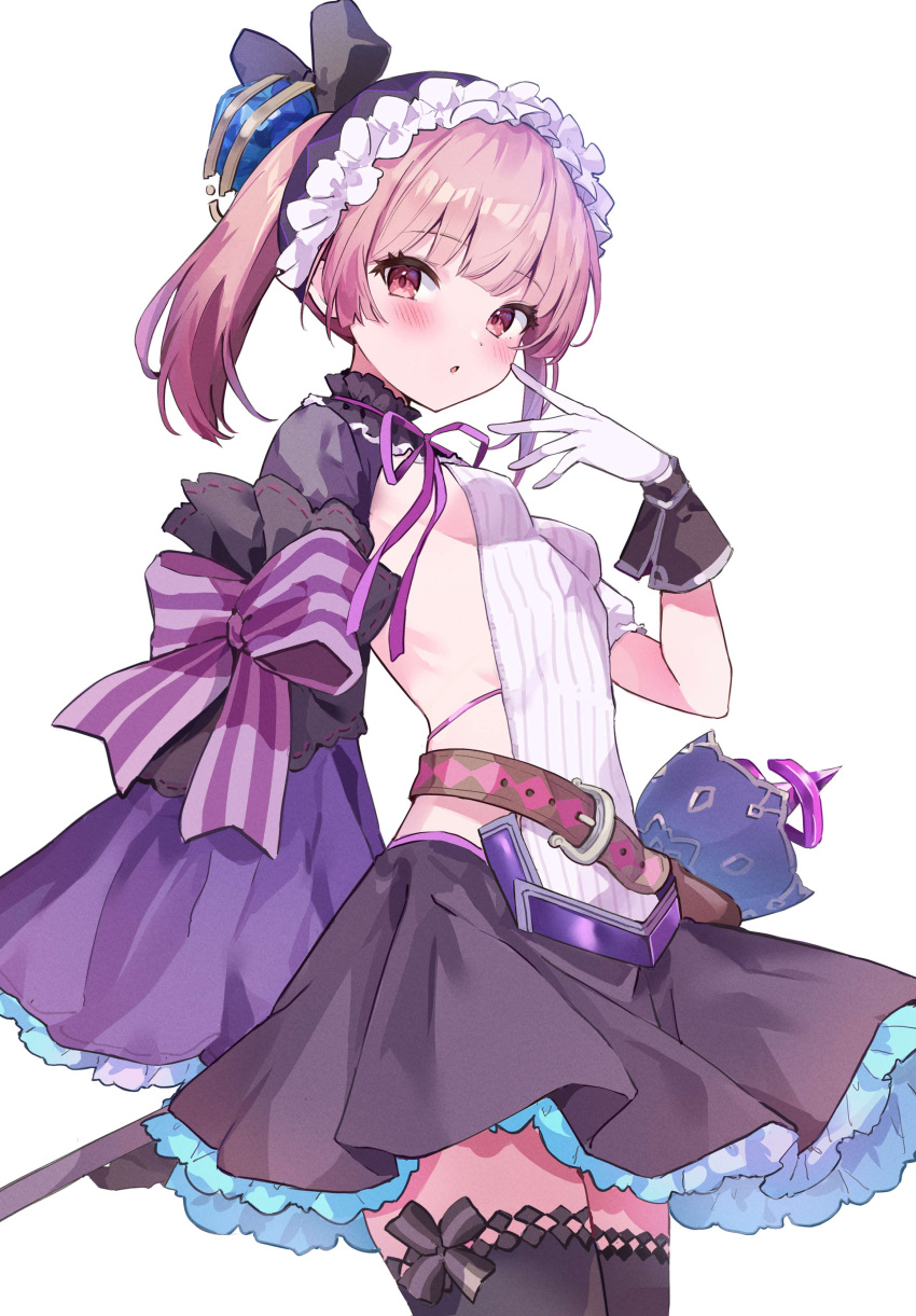 1girl absurdres asymmetrical_clothes atelier_(series) belt blunt_bangs breasts character_request gloves hair_ornament highres medium_hair mola_mola open_mouth pink_eyes pink_hair sideboob simple_background small_breasts solo staff thighhighs weapon white_background