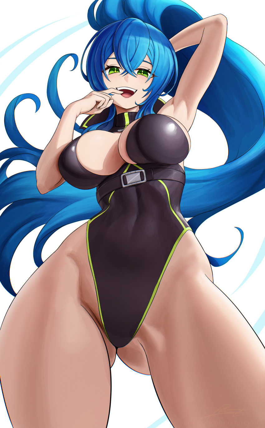 1girl absurdres arm_up ass_visible_through_thighs blue_hair breasts commission cowboy_shot from_below green_eyes hair_between_eyes highleg highleg_leotard highres large_breasts leotard long_hair looking_at_viewer open_mouth original ponytail revenantart solo