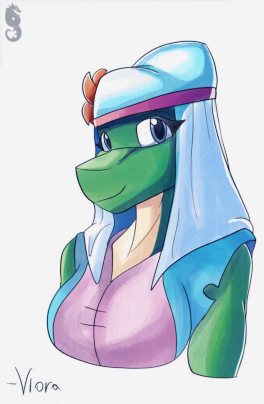 2023 anthro blue_eyes bust_portrait character_name clothed clothing countershading female green_body green_scales green_skin headdress headgear headwear hi_res justathereptile lizard looking_at_viewer monitor_lizard portrait reptile scales scalie shirt simple_background sleeveless_shirt smile solo text topwear vlora_(justathereptile) watermark white_background