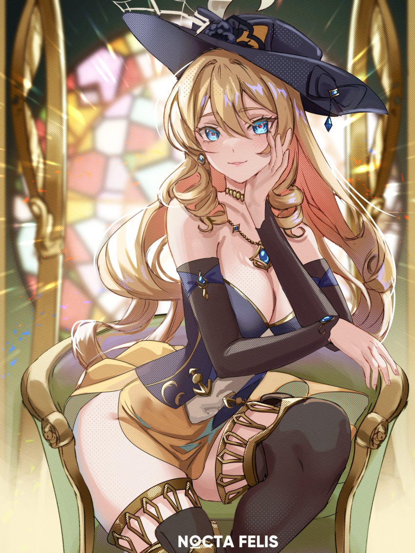 1girl bare_shoulders black_gloves black_headwear blonde_hair blue_eyes breasts chair detached_sleeves dress drill_hair drill_sidelocks flower genshin_impact gloves hat hat_flower highres holding jewelry long_hair looking_at_viewer navia_(genshin_impact) nocta_felis open_mouth sidelocks smile solo very_long_hair