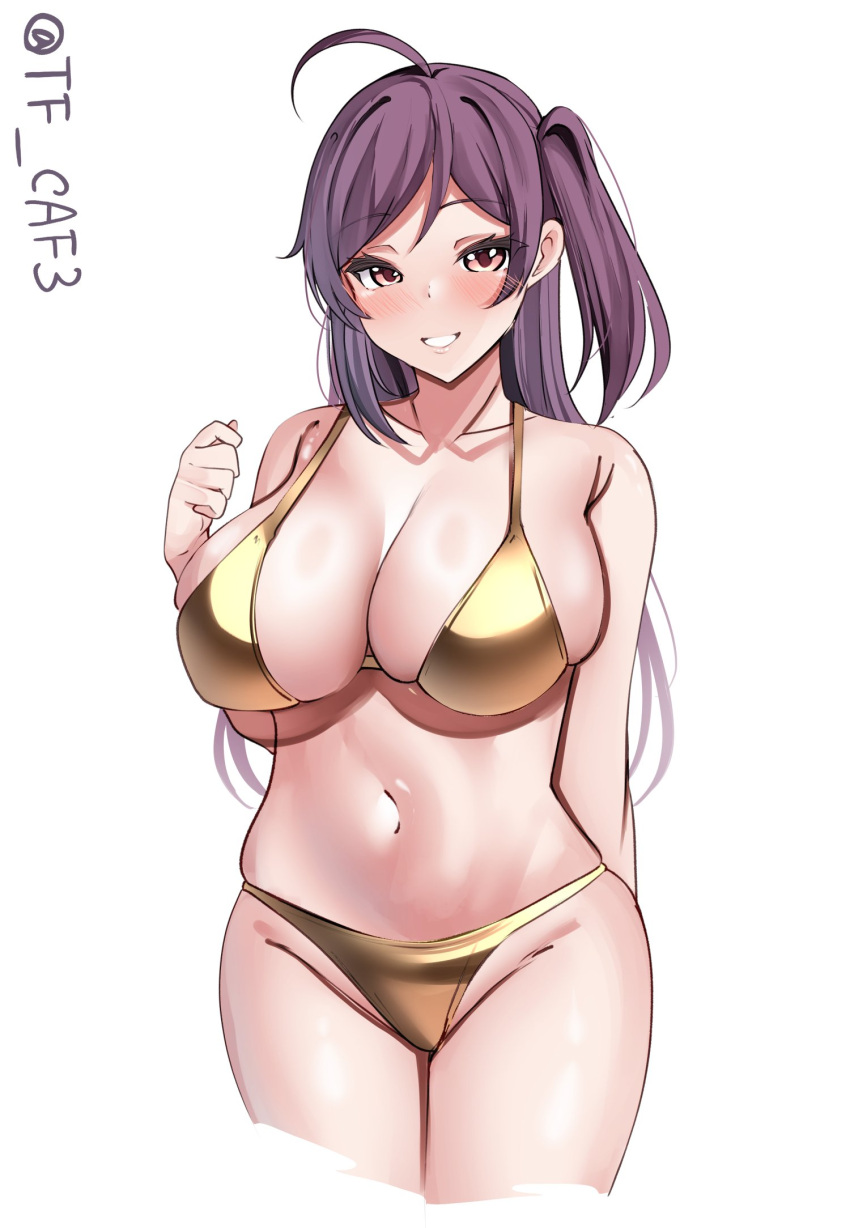 1girl ahoge bikini blush breasts collarbone gold_bikini hagikaze_(kancolle) highres huge_breasts kantai_collection large_breasts long_hair looking_at_viewer navel one_side_up purple_hair shiny_swimsuit simple_background smile solo swimsuit tf_cafe twitter_username white_background yellow_eyes