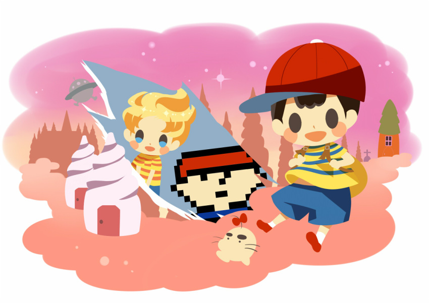 3boys backpack bag baseball_cap black_hair blonde_hair blue_shorts blush blush_stickers border brown_bag chibi doseisan full_body hat hitofutarai house lucas_(mother_3) magicant male_focus mother_(game) mother_1 mother_2 mother_3 multiple_boys ness_(mother_2) ninten pixels red_headwear shirt short_hair shorts sideways_hat solid_oval_eyes striped striped_shirt tombstone ufo white_border