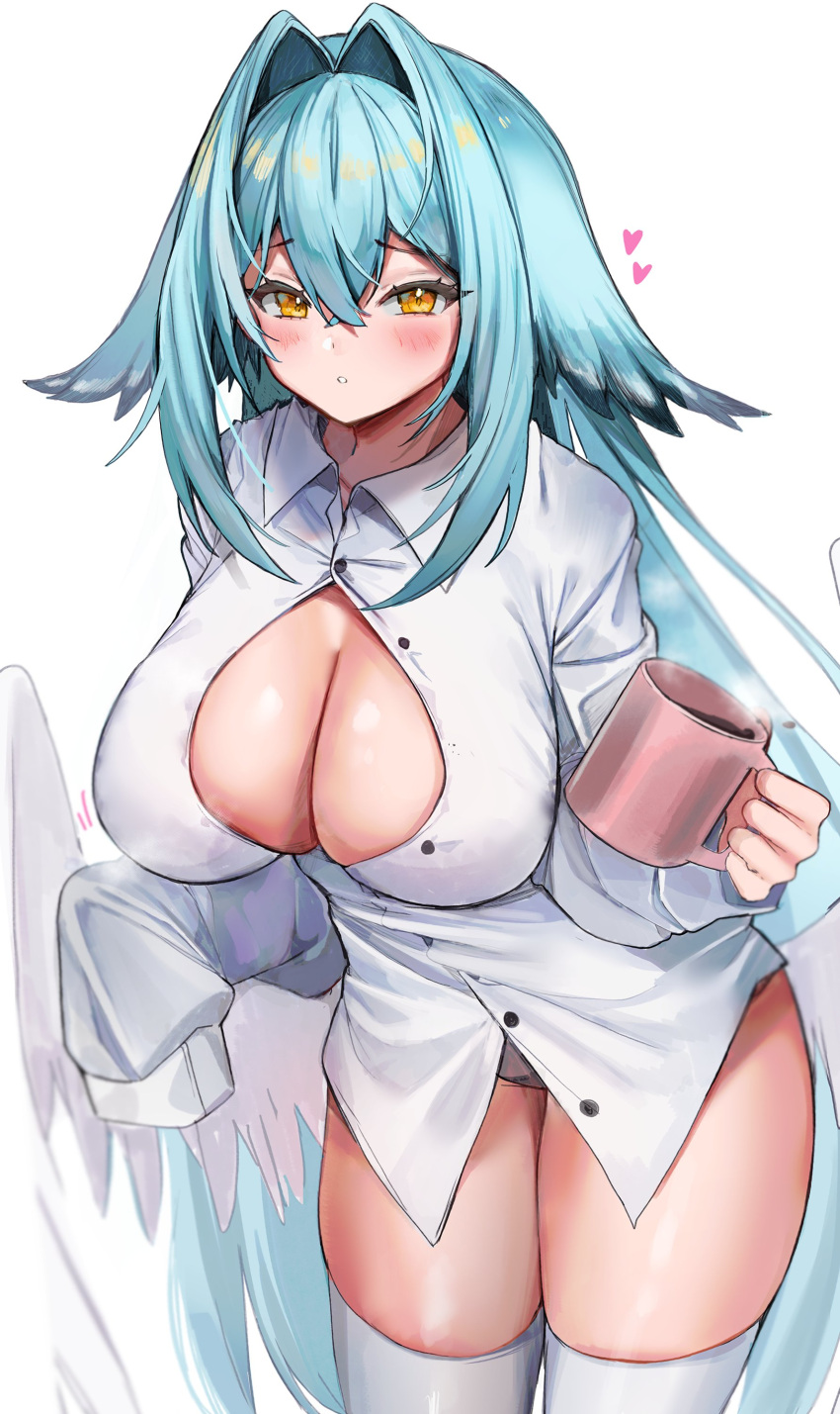 1girl absurdres black_hair blue_hair blush breasts cleavage collared_shirt commentary cowboy_shot crossed_bangs cup double-parted_bangs english_commentary feathered_wings gradient_hair grey_panties hair_between_eyes hair_intakes heart highres holding holding_cup large_breasts leaning_forward long_hair long_sleeves looking_at_viewer low_wings mug multicolored_hair no_pants original panties partially_unbuttoned shirt simple_background sleeves_past_wrists solo thick_thighs thighhighs thighs two-tone_hair underwear very_long_hair white_background white_shirt white_thighhighs white_wings wings yellow_eyes yuniiho