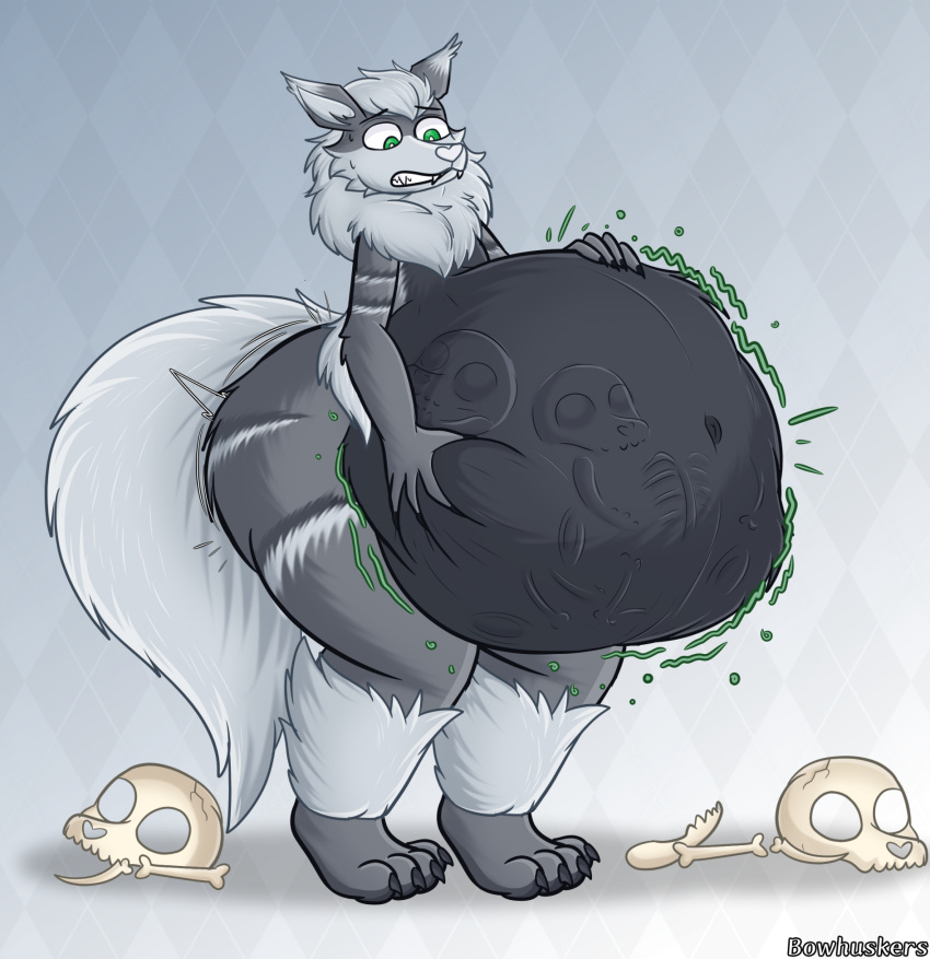 anthro arcanine belly big_belly bone bones_in_stomach bow_(bowhuskers) digestion fur generation_1_pokemon green_eyes grey_body grey_fur hi_res holding_stomach lapizacuario looking_down_at_stomach male neck_tuft nintendo pokemon pokemon_(species) skull solo tuft vore