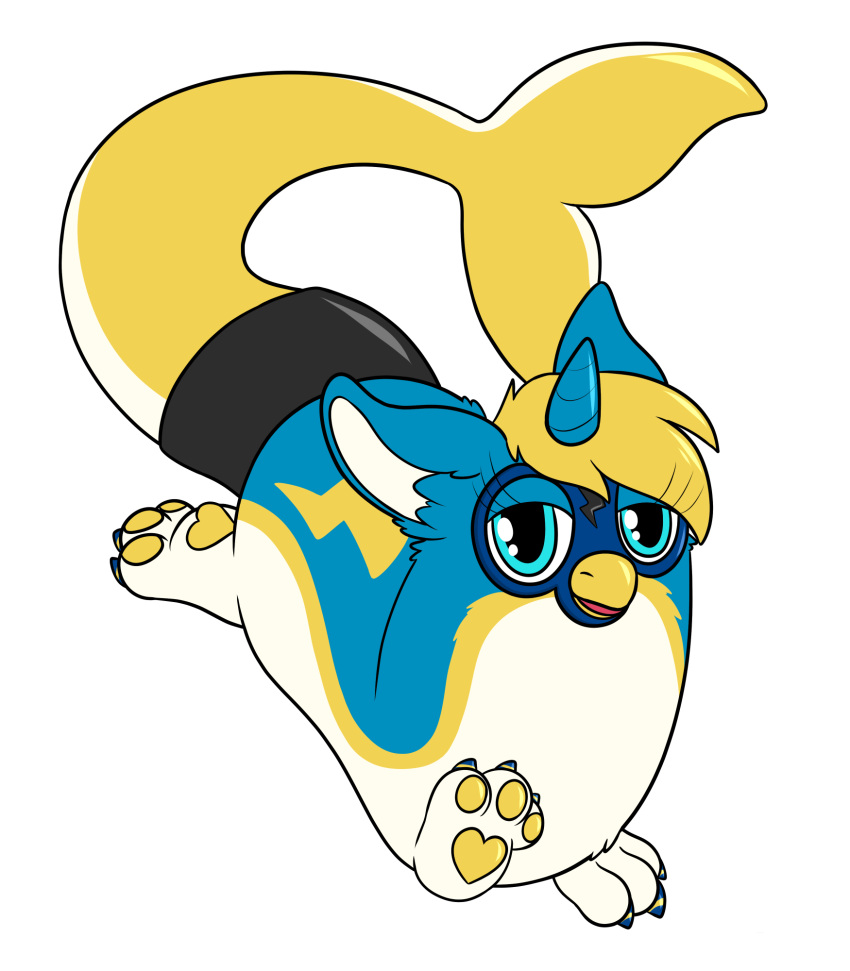 2023 accessory alpha_channel ambiguous_gender beak belt blonde_hair blue_body blue_eyes claws cordite digital_drawing_(artwork) digital_media_(artwork) eyelashes fin furby_(species) furgonomics hair hi_res horn looking_at_viewer open_mouth solo sudsypup tail tail_accessory tail_belt tail_fin taur white_body