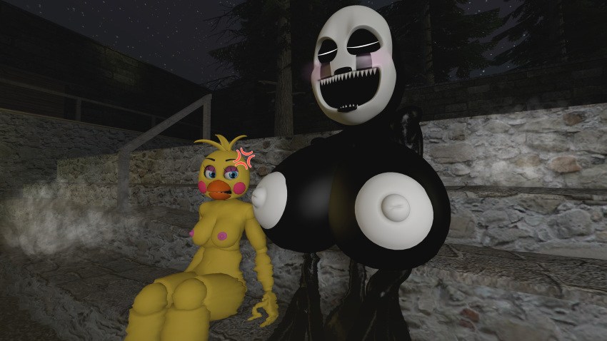 absurd_res angry big_breasts breasts chick duo female female/female five_nights_at_freddy's five_nights_at_freddy's_2 five_nights_at_freddy's_4 hi_res hot_spring huge_breasts humanoid nightmarionne_(fnaf) nipples onsen pink_nipples scottgames small_breasts toy_chica_(fnaf) water white_nipples yuuki_momofox