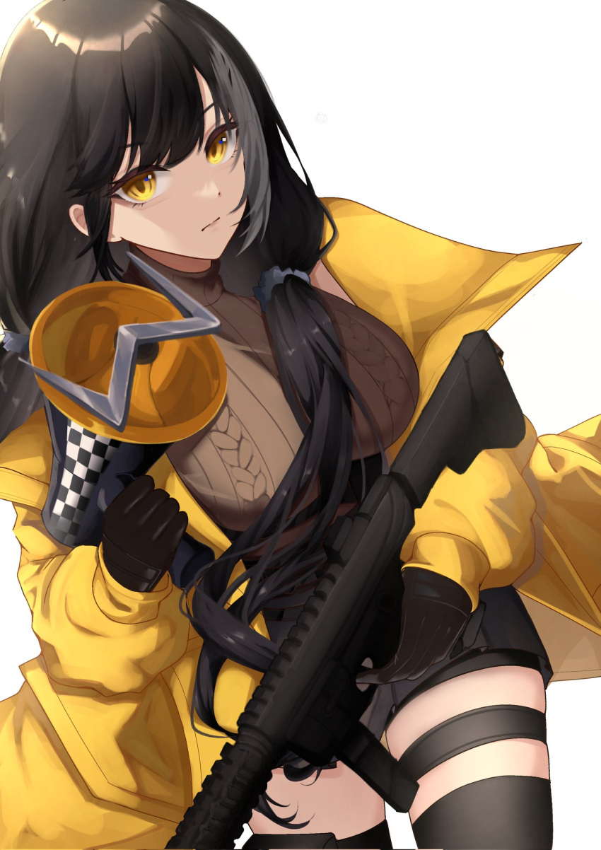 1girl black_gloves black_hair black_thighhighs breasts closed_mouth colt_9mm_smg girls'_frontline gloves highres holding holding_megaphone holding_weapon jacket large_breasts long_hair looking_at_viewer megaphone multicolored_hair ro635_(girls'_frontline) shirt simple_background skirt solo streaked_hair thigh_strap thighhighs twintails weapon xiye_(hmrr2738) yellow_eyes yellow_jacket