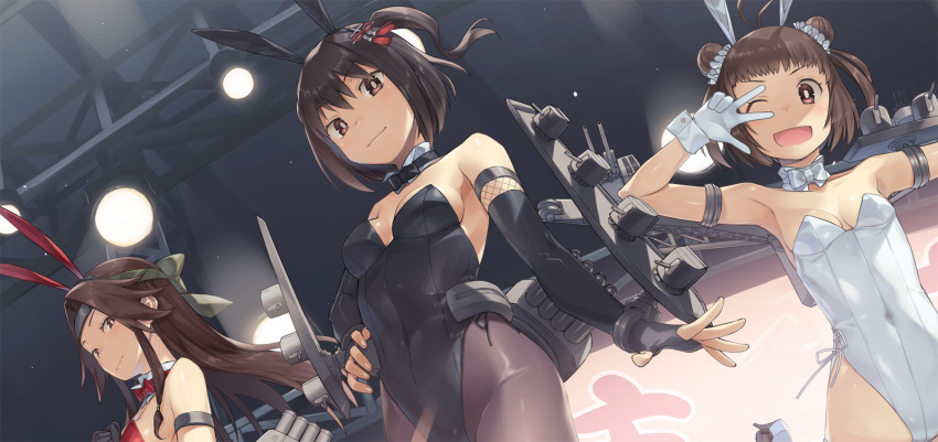 3girls alternate_costume animal_ears black_eyes black_gloves black_leotard black_pantyhose bow bowtie breasts brown_eyes brown_hair commentary_request detached_collar double_bun dutch_angle elbow_gloves gloves hair_bun hair_intakes hair_ornament heibonkaeru highleg highleg_leotard highres jintsuu_(kancolle) jintsuu_kai_ni_(kancolle) kantai_collection leotard long_hair machinery multiple_girls naka_(kancolle) naka_kai_ni_(kancolle) one_side_up pantyhose playboy_bunny rabbit_ears red_bow red_bowtie red_leotard sendai_(kancolle) sendai_kai_ni_(kancolle) short_hair side-tie_leotard small_breasts smile strapless strapless_leotard twintails two_side_up white_gloves white_leotard wrist_cuffs