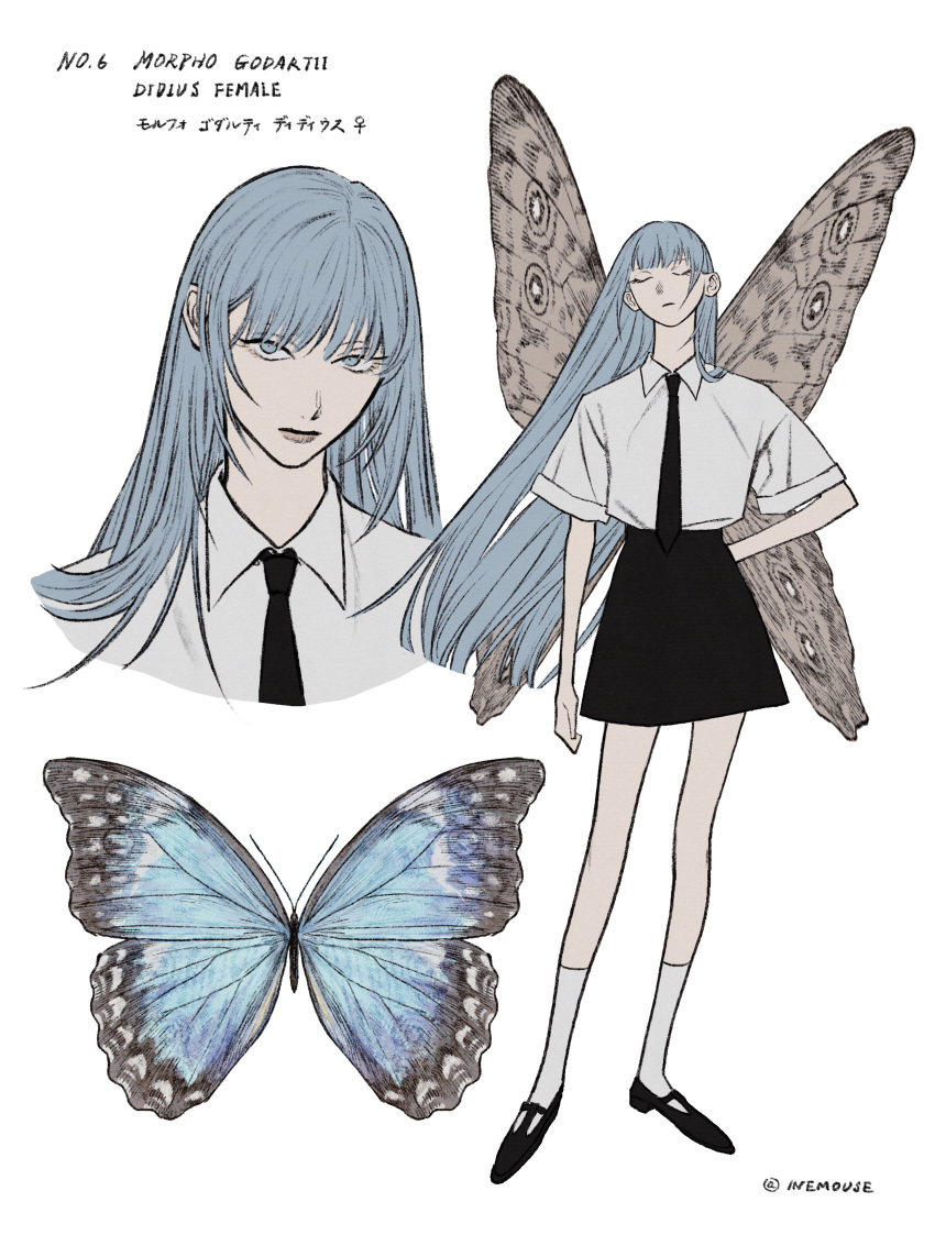 1girl absurdres animal artist_name black_footwear black_necktie black_skirt blue_eyes blue_hair bug butterfly butterfly_wings closed_eyes commentary floating_hair full_body hand_on_own_hip highres ine_(zx_o4) insect_wings long_hair looking_at_viewer multiple_views necktie original personification shirt simple_background skirt socks standing upper_body white_background white_shirt white_socks wings