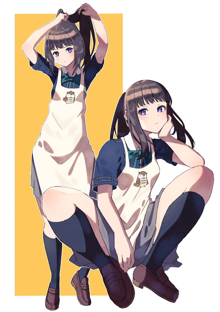 1girl absurdres apron arms_up bird black_socks blue_shirt bow bowtie brown_footwear brown_hair closed_mouth collared_shirt cruzango0510 expressionless film_grain green_bow green_bowtie grey_skirt hand_on_own_cheek hand_on_own_face highres inoue_takina kneehighs loafers long_hair looking_at_viewer lycoris_recoil multiple_views owl owl_print plantar_flexion ponytail purple_eyes shirt shoes short_sleeves sidelocks sitting skirt socks standing two-tone_background tying_hair white_apron white_background yellow_background