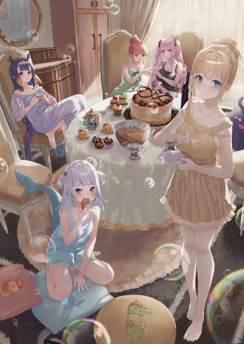 babydoll bare_shoulders barefoot birthday_cake black_babydoll black_nightgown blonde_hair blue_eyes blush breasts cake camisole cleavage collarbone earrings food frilled_camisole frills gawr_gura heart heart_hands highres hololive hololive_english jewelry kinoko_(shikimylove) large_breasts long_hair looking_at_viewer mori_calliope mori_calliope_(6th_costume) multiple_girls nightgown nightshirt ninomae_ina'nis official_alternate_costume open_mouth pink_hair purple_eyes red_eyes short_hair skull_collar skull_earrings sleepover sleepwear smile takanashi_kiara underwear virtual_youtuber watson_amelia yuri