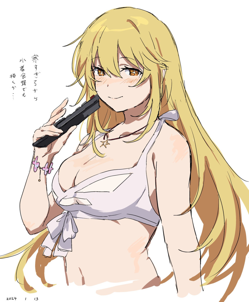 1girl bikini blonde_hair breasts brown_eyes cleavage closed_mouth controller cropped_torso dated hair_between_eyes highres holding holding_remote_control jewelry large_breasts long_hair looking_at_viewer navel necklace official_alternate_costume remote_control shokuhou_misaki smile solo star-shaped_pupils star_(symbol) star_necklace swimsuit symbol-shaped_pupils takatisakana toaru_kagaku_no_mental_out toaru_kagaku_no_railgun toaru_majutsu_no_index toaru_majutsu_no_index:_imaginary_fest translation_request upper_body white_bikini
