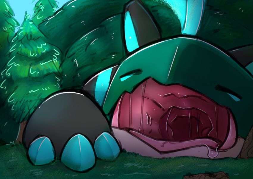 absurd_res andromorph bodily_fluids crema_(company) drooling feral forest forest_background gravitysinning hi_res intersex macro mawmense_(temtem) mouth_shot nature nature_background open_mouth plant saliva sleeping solo temtem temtem_(species) tree vore