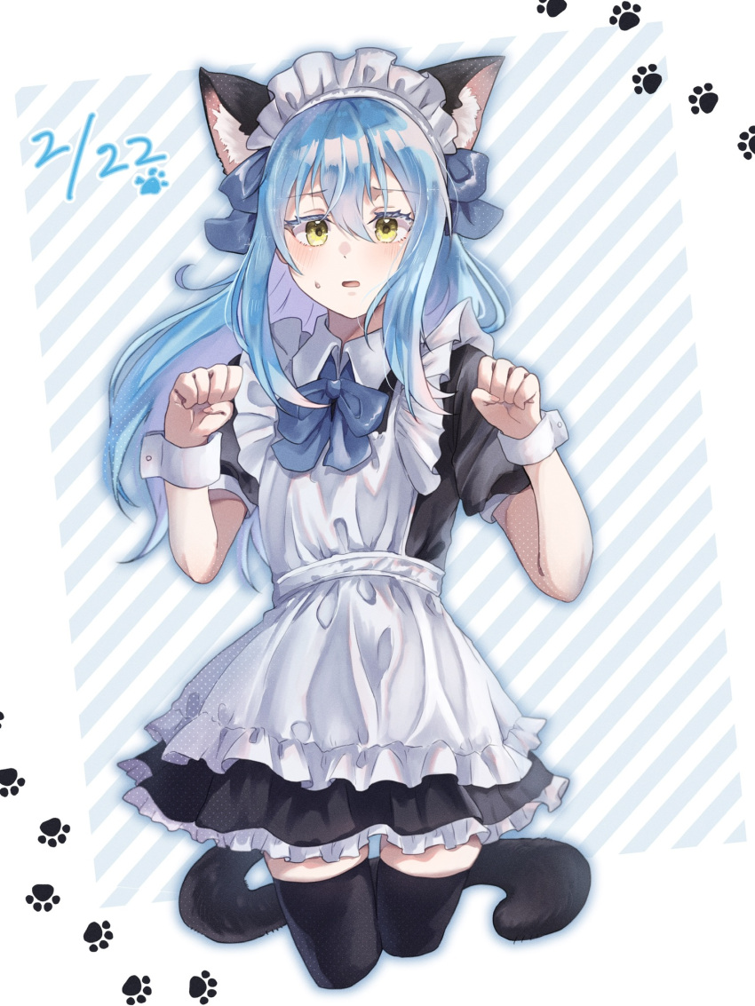 1other alternate_costume androgynous animal_ear_fluff animal_ears apron black_shirt black_skirt black_thighhighs blue_bow blue_bowtie blue_hair bow bowtie cat_ears cat_tail chocoeiru enmaided floating_hair frilled_skirt frills highres long_hair maid maid_headdress miniskirt paw_print paw_print_background rimuru_tempest shirt short_sleeves skirt striped striped_background tail tensei_shitara_slime_datta_ken thighhighs white_apron wing_collar wrist_cuffs zettai_ryouiki