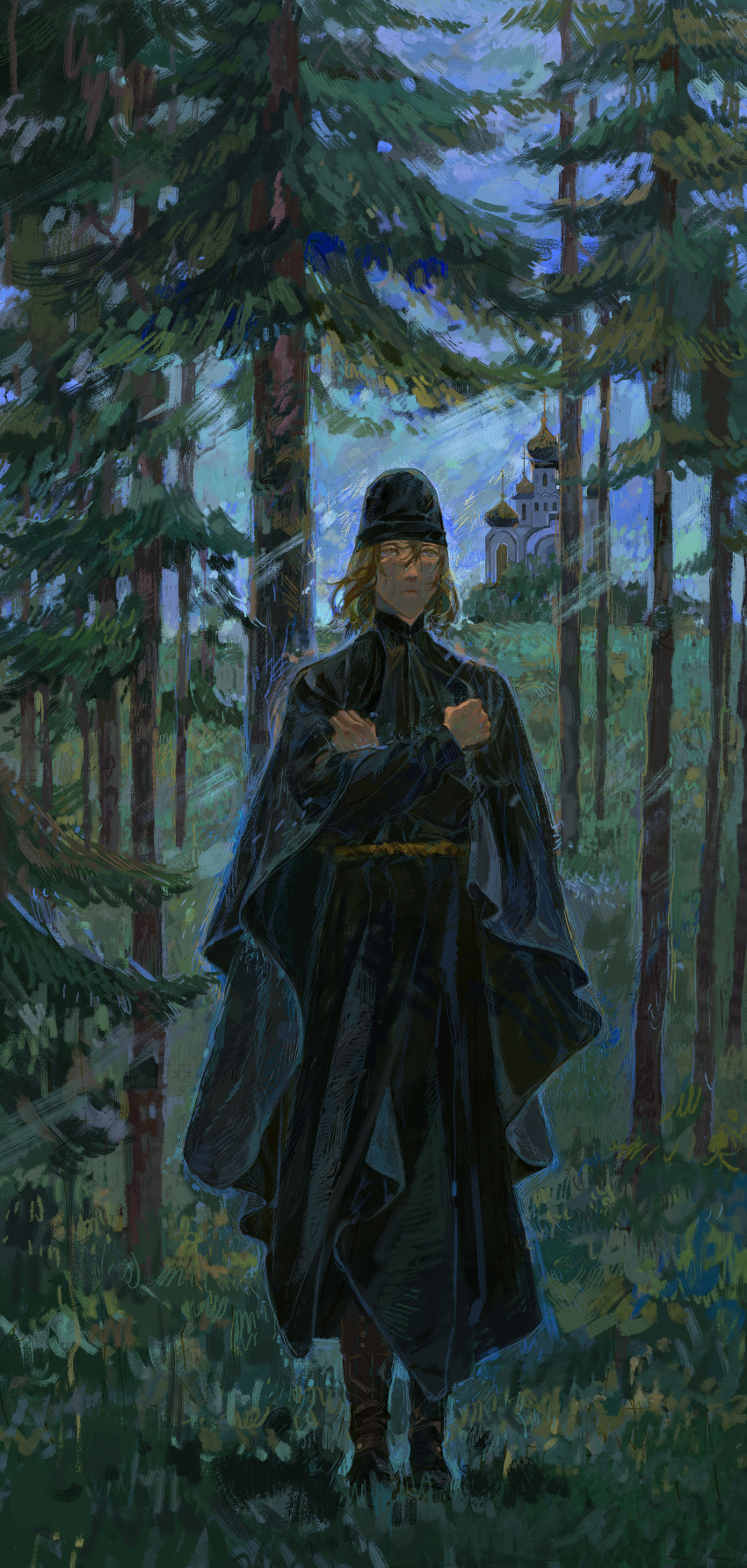 1boy absurdres alexei_karamazov black_headwear black_robe church crossed_arms crying crying_with_eyes_open curly_hair faux_traditional_media forest full_body high_collar highres long_hair male_focus monk nature outdoors robe standing sutekooooo tears the_karamazov_brothers tree