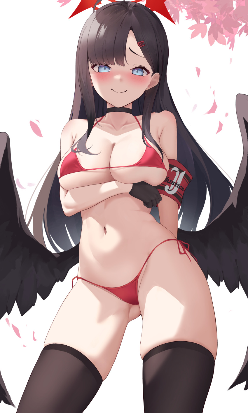 1girl absurdres armband bikini black_choker black_gloves black_hair black_thighhighs black_wings blue_archive blue_eyes blush breasts choker closed_eyes collarbone facing_viewer falling_leaves feathered_wings gloves hair_ornament hairclip halo highres ichika_(blue_archive) jixo_(user_nzhc8728) large_breasts leaf navel red_armband red_bikini red_halo side-tie_bikini_bottom skindentation smile solo stomach swimsuit thighhighs wings zettai_ryouiki