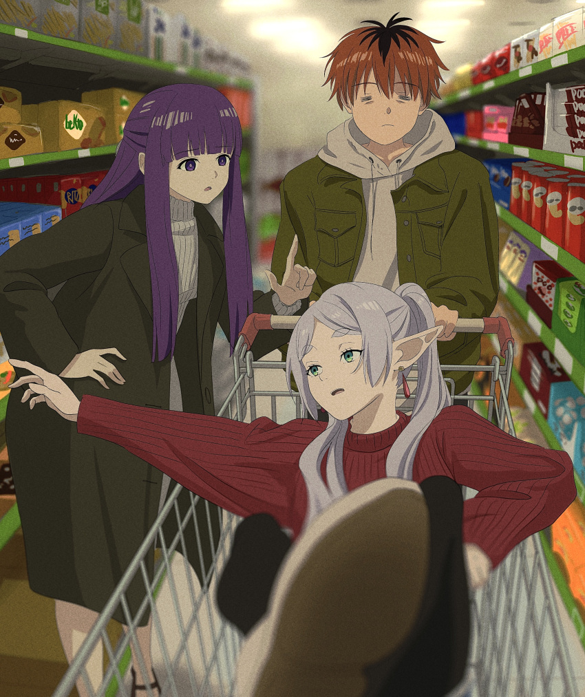 1boy 2girls =_= absurdres black_coat black_hair blunt_bangs closed_eyes coat commentary_request contemporary earrings elf fern_(sousou_no_frieren) frieren green_eyes green_jacket grey_hoodie highres hood hoodie in_shopping_cart indoors jacket jewelry long_hair long_sleeves manaka_(mnk0212) multicolored_hair multiple_girls open_clothes open_mouth parted_bangs pointy_ears purple_eyes purple_hair red_hair red_sweater ribbed_sweater shop shopping shopping_cart short_hair sidelocks sitting sousou_no_frieren standing stark_(sousou_no_frieren) straight_hair sweater twintails two-tone_hair white_hair white_sweater