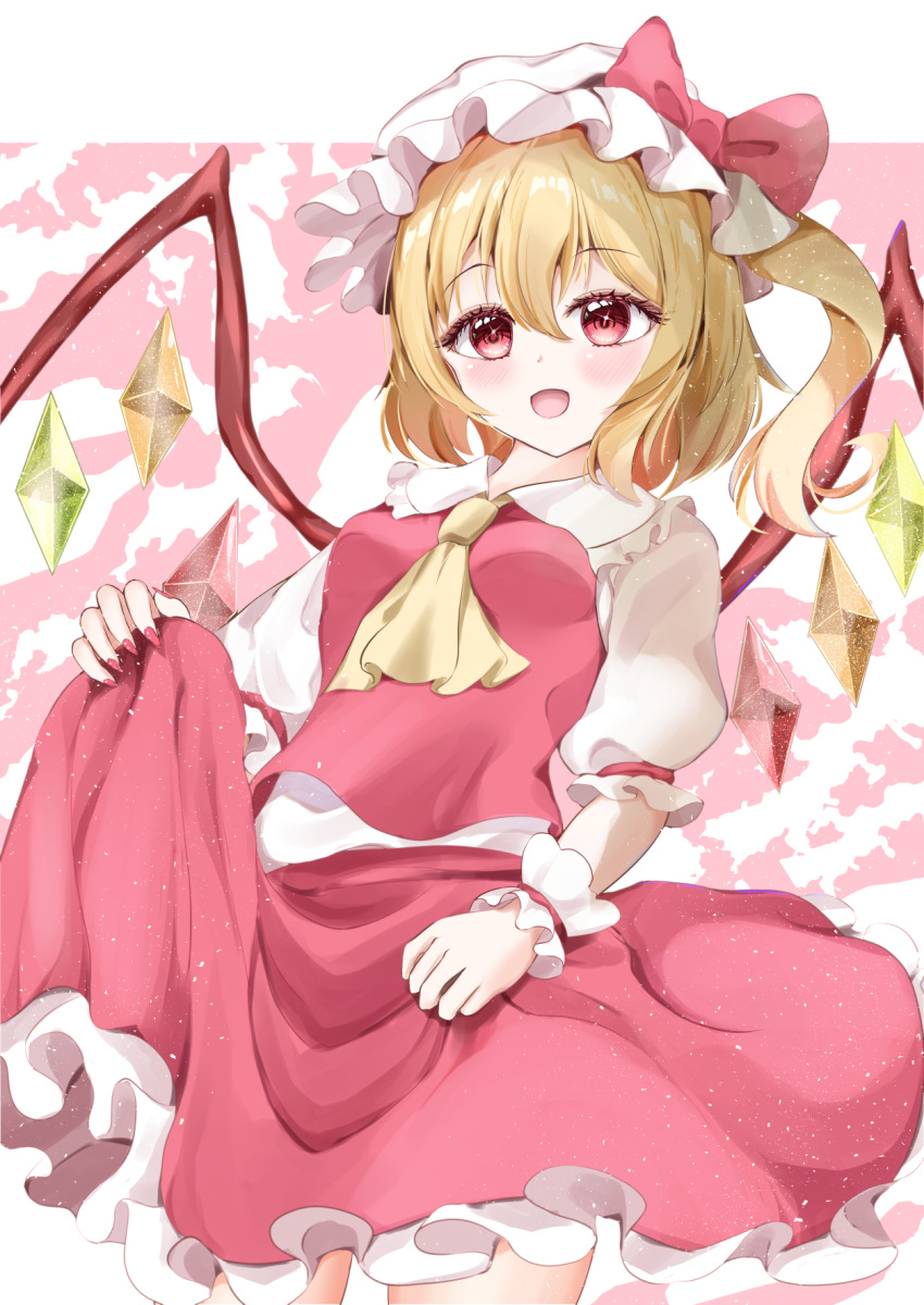 1girl ascot blonde_hair clothes_lift crystal dress flandre_scarlet highres medium_hair open_mouth red_dress red_eyes red_nails shirotsuki_shirone side_ponytail skirt skirt_lift solo touhou yellow_ascot