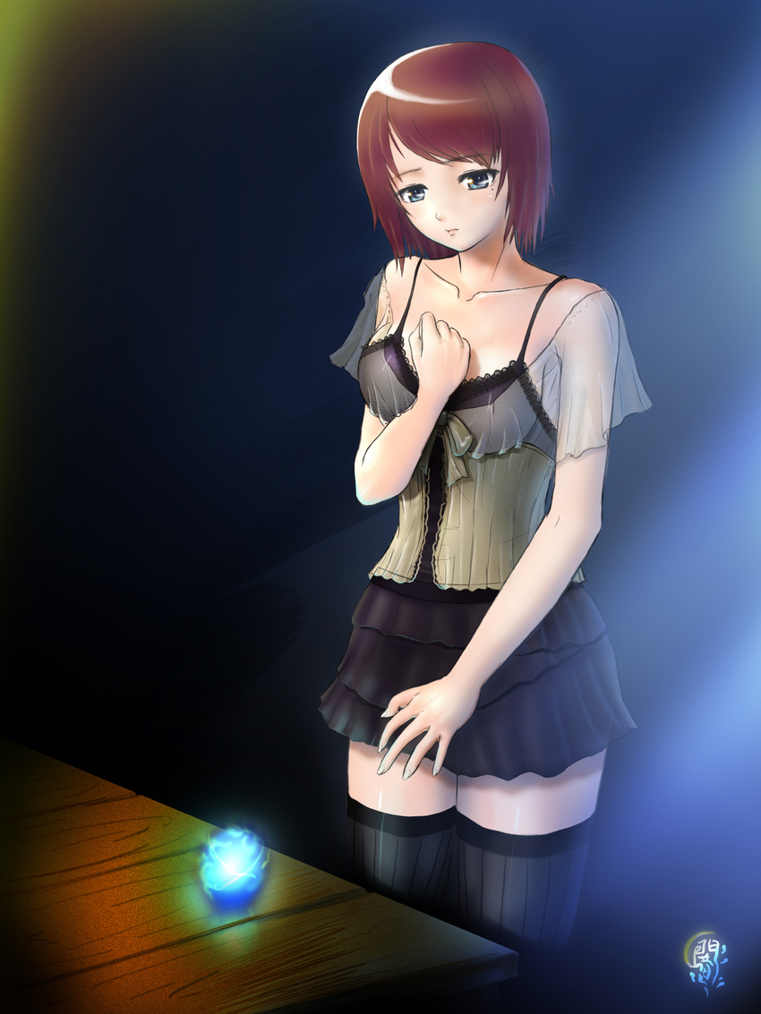 absurdres akai_yami asou_misaki black_legwear blue_eyes brown_hair chemise corset fatal_frame fatal_frame_4 highres mole mole_under_eye shawl solo table thighhighs zettai_ryouiki