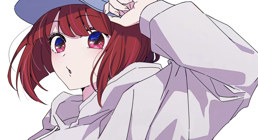 1girl :o absurdres adjusting_clothes adjusting_headwear arima_kana baseball_cap bob_cut chinese_commentary commentary_request floating_hair hat highres hood hood_down hoodie idol_(yoasobi) inverted_bob long_sleeves looking_at_viewer medium_hair oshi_no_ko red_eyes red_hair shadow shuoruoranxing simple_background solo upper_body white_background white_hoodie yoasobi