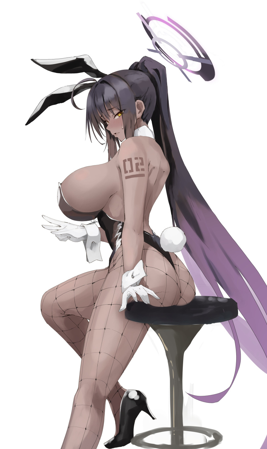 1girl absurdres animal_ears ass black_footwear black_hair black_leotard blue_archive blush breasts chair fake_animal_ears fake_tail fishnet_pantyhose fishnets gloves high_heels highres karin_(blue_archive) karin_(bunny)_(blue_archive) kasumi_saika large_breasts leotard long_hair looking_at_viewer official_alternate_costume open_mouth pantyhose playboy_bunny ponytail rabbit_ears rabbit_tail simple_background sitting solo strapless strapless_leotard tail white_background white_gloves yellow_eyes