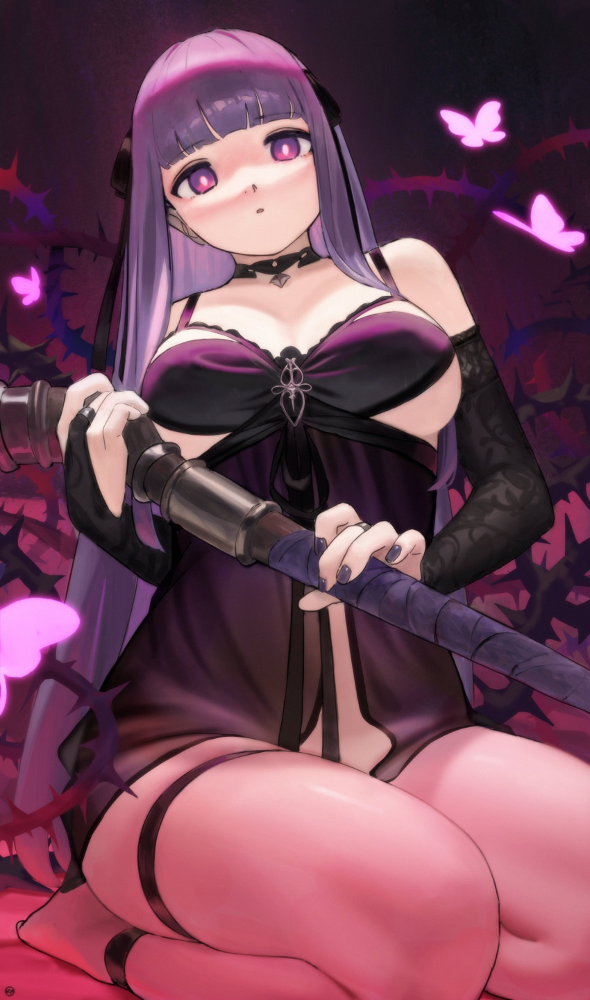 1girl absurdres babydoll barefoot black_babydoll black_choker black_ribbon blunt_bangs breasts bridal_gauntlets bug butterfly choker fern_(sousou_no_frieren) hair_ribbon highres holding holding_staff large_breasts long_hair looking_at_viewer nail_polish parted_lips purple_babydoll purple_eyes purple_hair purple_nails ribbon simple_background sitting solo songchuan_li sousou_no_frieren staff thigh_strap thorns very_long_hair