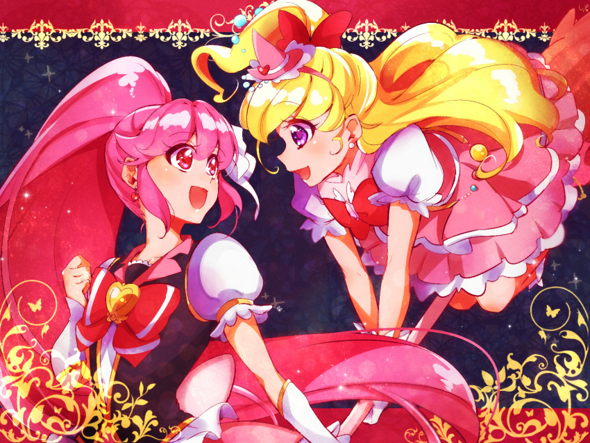 2girls :d aino_megumi asahina_mirai black_vest blonde_hair bow broom broom_riding cure_lovely cure_miracle detached_sleeves dress earrings eye_contact floating_hair hair_bow hairband happinesscharge_precure! hat hat_ornament heart heart_earrings heart_hat_ornament high_ponytail highres jewelry layered_dress long_hair looking_at_another mahou_girls_precure! multiple_girls pink_hair pink_hairband pink_headwear precure purple_eyes red_bow red_eyes shipu_(gassyumaron) short_sleeves smile very_long_hair vest white_dress white_sleeves witch_hat