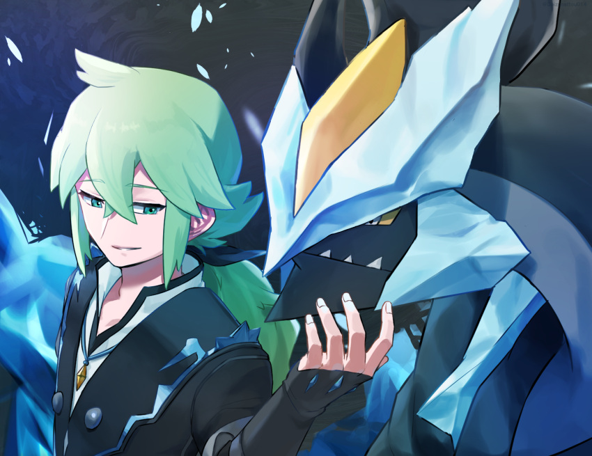 black_kyurem colored_sclera dragon green_eyes green_hair kyurem male_focus n_(pokemon) n_(sygna_suit)_(pokemon) official_alternate_costume parted_lips pokemon pokemon_(creature) pokemon_masters_ex tarazumo_(daizunattou014) teeth upper_body white_eyes yellow_sclera