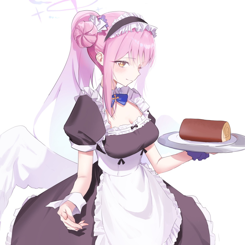 1girl absurdres alternate_hairstyle black_dress blue_archive breasts cake cleavage closed_mouth dress food hair_bun highres holding holding_tray large_breasts long_hair mika_(blue_archive) nonoa pink_hair puffy_short_sleeves puffy_sleeves short_sleeves simple_background single_side_bun smile solo swiss_roll tray two_side_up white_background wrist_cuffs yellow_eyes
