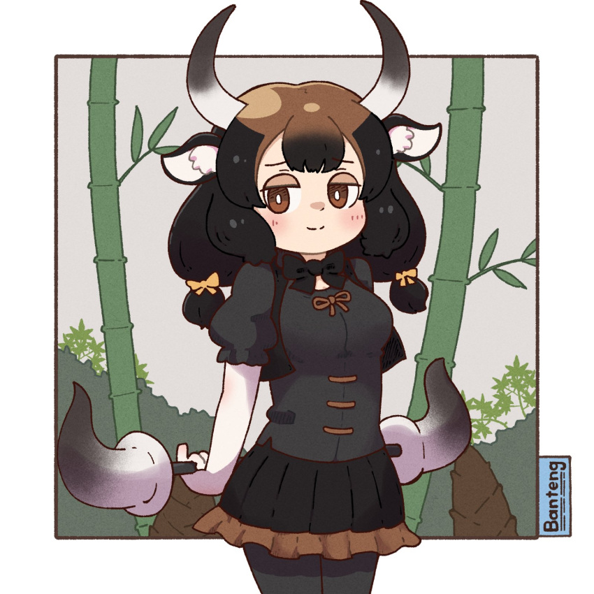 1girl animal_ears banteng_(kemono_friends) black_hair bow bowtie brown_eyes cow_ears cow_girl cow_horns dress elbow_gloves extra_ears gloves highres horns kemono_friends long_hair looking_at_viewer outdoors pantyhose ribbon simple_background skirt solo sorairo_meronpan twintails weapon