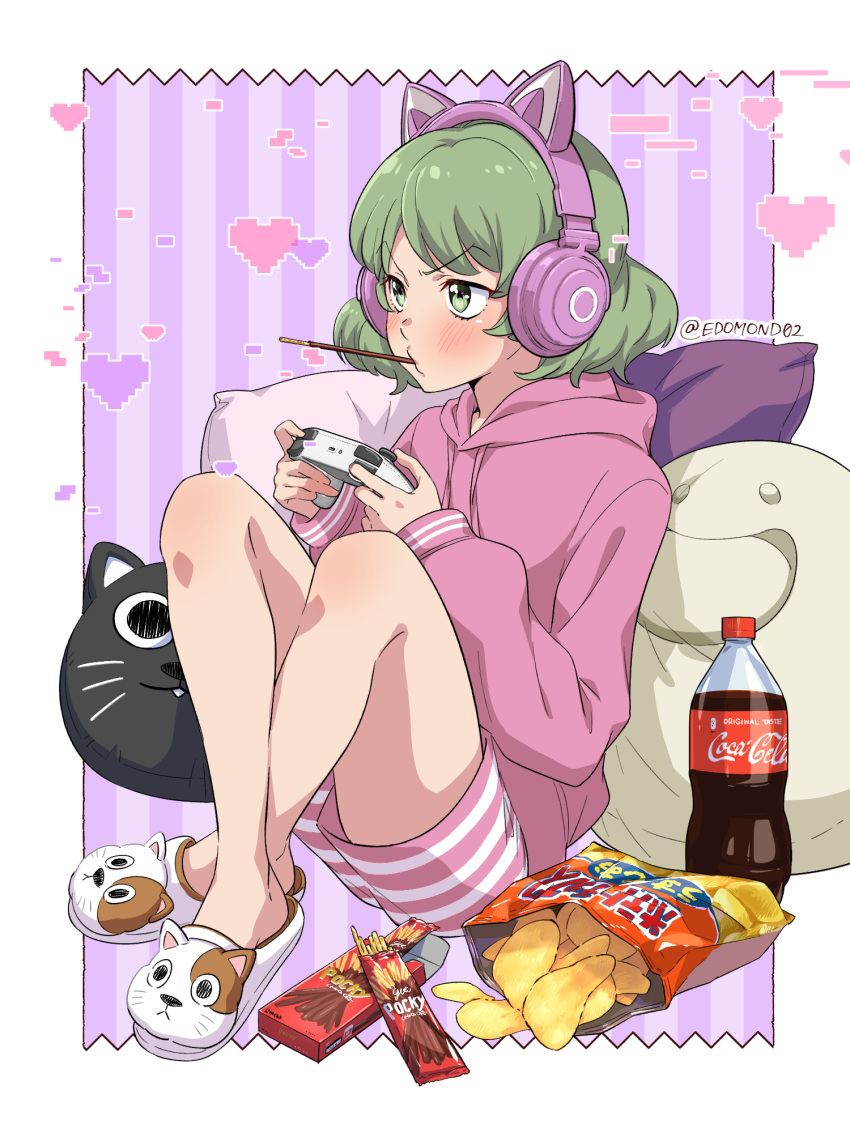 1girl animal_ear_headphones animal_ears artist_name blush bottle cat_ear_headphones chips_(food) coca-cola commentary_request controller edomon-do fake_animal_ears food food_in_mouth full_body game_controller green_eyes green_hair headphones heart highres holding holding_controller holding_game_controller hood hoodie knees_up long_sleeves mochi_(mona_lisa_no_zaregoto) mona_lisa_no_zaregoto mouth_hold pillow pink_hoodie pink_shorts pocky pocky_in_mouth potato_chips short_hair shorts sitting solo striped striped_shorts twitter_username wasabi_(mona_lisa_no_zaregoto) watermark white_footwear