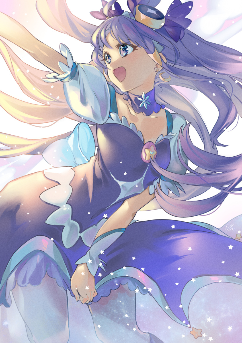 1girl :d absurdres blonde_hair blue_eyes choker collarbone covered_navel crescent crescent_earrings cure_selene dress dress_tug earrings floating_hair gradient_hair highres jewelry kaguya_madoka kneehighs long_hair multicolored_hair open_mouth precure purple_choker purple_dress purple_hair shipu_(gassyumaron) short_sleeves smile socks solo star_twinkle_precure very_long_hair white_sleeves