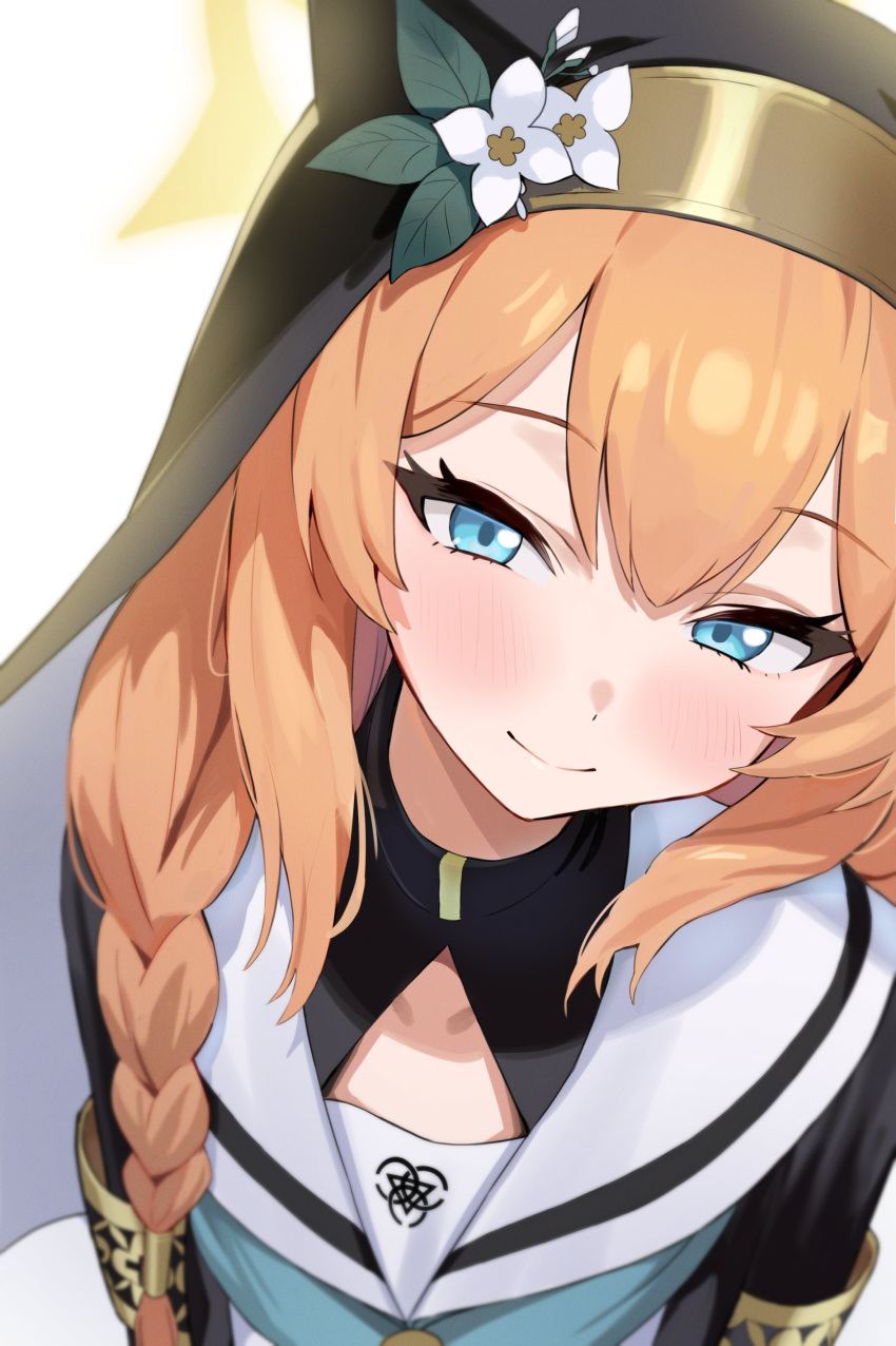 1girl absurdres animal_ear_headwear blue_archive blue_eyes blush braid coif flower habit halo hat hat_flower head_tilt highres loloco long_hair looking_at_viewer mari_(blue_archive) orange_hair single_braid smile solo upper_body white_background white_flower yellow_halo