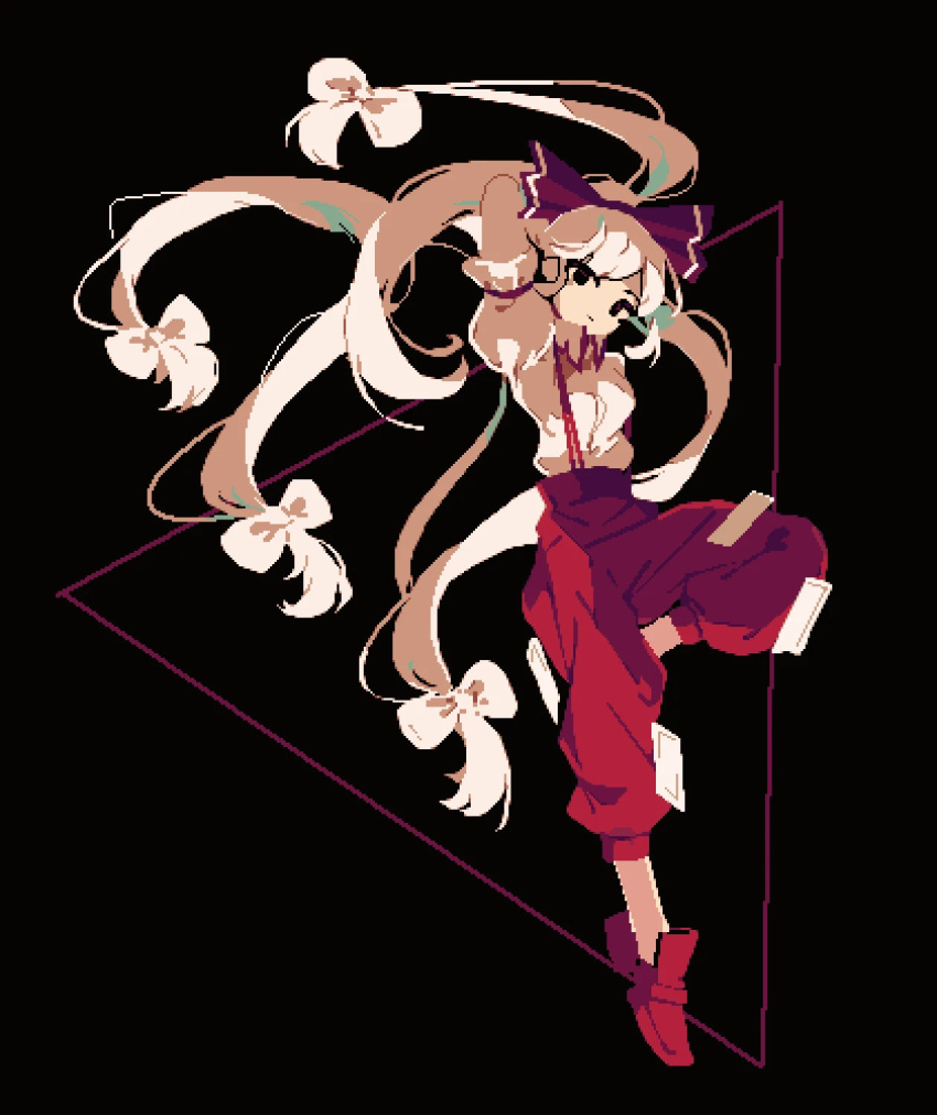 1girl 4qw5 arm_behind_head arm_up black_background black_eyes bow closed_mouth collared_shirt commentary_request foot_up fujiwara_no_mokou full_body hair_bow highres long_hair looking_at_viewer ofuda ofuda_on_clothes pants pixel_art red_bow red_footwear red_pants shirt solo suspenders touhou very_long_hair white_bow white_hair white_shirt