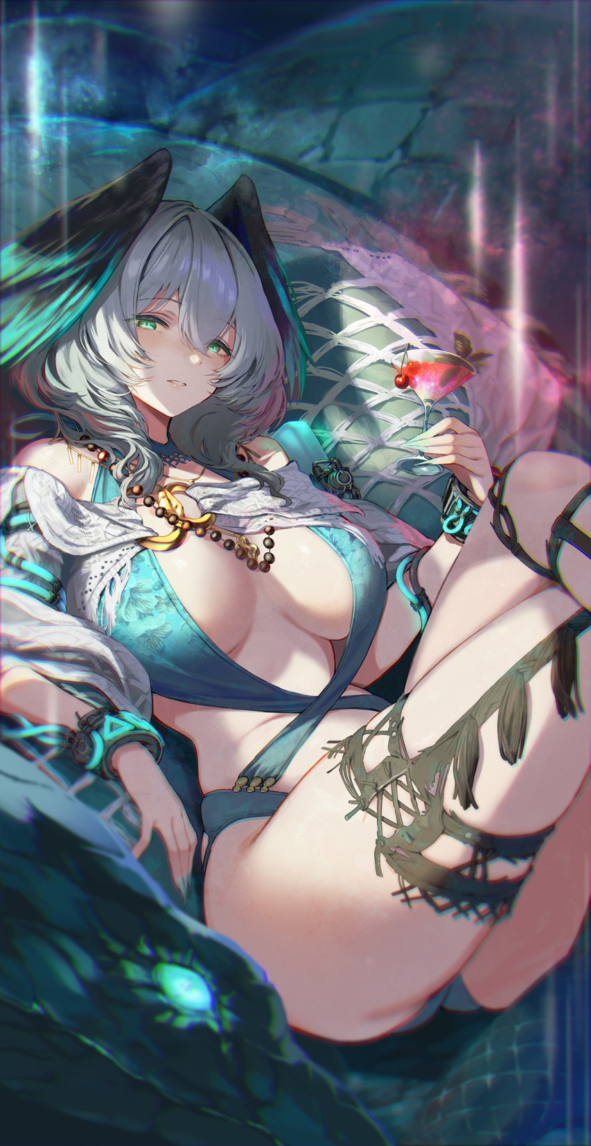 1girl aqua_eyes aqua_nails aqua_wings arknights breasts cherry cocktail_glass crossed_legs cup drinking_glass food fruit green_one-piece_swimsuit grey_hair hair_between_eyes head_wings highres ho'olheyak_(arknights) holding holding_cup large_breasts looking_at_viewer one-piece_swimsuit solo swimsuit takechi_akinobu two-tone_wings wings