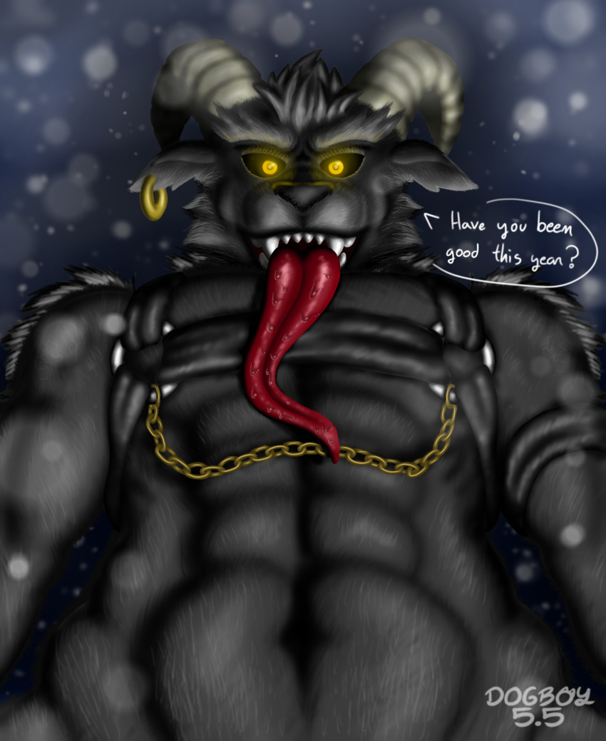 abs anthro biceps bovid caprine caprine_demon chest_harness christmas dark_eyes demon dogboy55_artss ear_piercing ear_ring female goat goat_demon harness hi_res holidays horn humanoid inner_ear_fluff intersex intersex/male krampus leather leather_harness long_tongue looking_at_viewer male male/female male/male mammal muscular muscular_anthro muscular_arms muscular_male muscular_thighs nude pecs piercing ring_piercing simple_background solo text tongue tongue_out tuft yellow_eyes