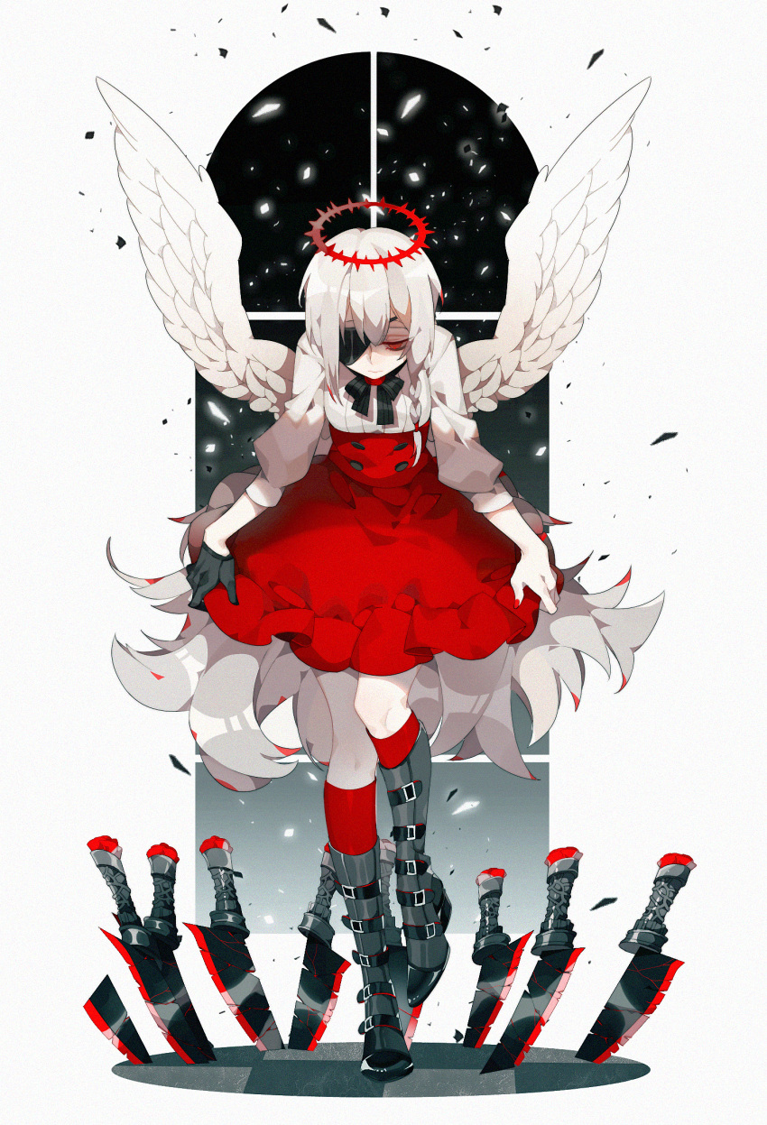 1girl angel angel_wings black_bow black_bowtie black_footwear black_gloves boots bow bowing bowtie braid closed_mouth curtsey debris eyepatch feathered_wings fingernails frilled_skirt frills full_body gloves hair_between_eyes half-closed_eye half_gloves halo high-waist_skirt highres knee_boots kneehighs knife leaning_forward light_particles long_hair looking_down one_eye_covered original planted planted_knife red_eyes red_halo red_nails red_skirt red_socks serious side_braid single_braid single_glove skirt skirt_hold sleeves_past_elbows socks solo somalia spiked_halo standing standing_on_one_leg striped striped_bow striped_bowtie sweater very_long_hair weapon white_hair white_sweater white_wings wings