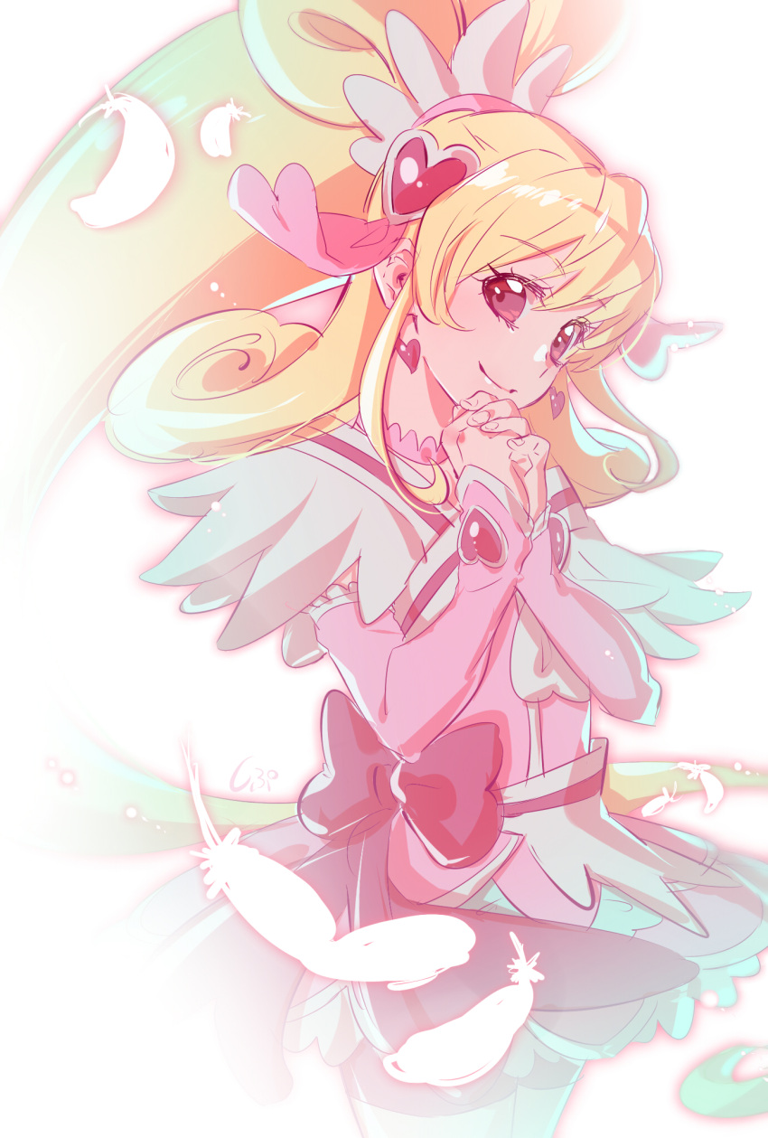 1girl aida_mana black_bow blonde_hair bow capelet closed_mouth cure_heart detached_sleeves dokidoki!_precure dress earrings feathers floating_hair hair_ornament heart heart_earrings heart_hair_ornament high_ponytail highres jewelry long_hair long_sleeves own_hands_clasped own_hands_together pink_dress pink_sleeves precure red_eyes shipu_(gassyumaron) short_dress sleeves_past_wrists smile solo standing very_long_hair white_capelet white_feathers