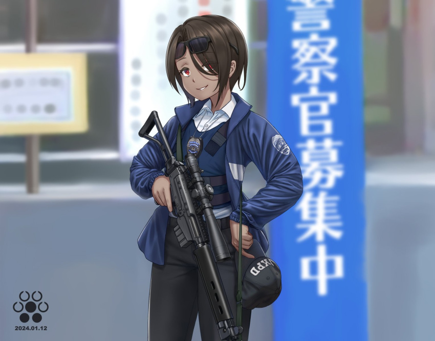 1girl black_pants blue_jacket blue_shirt blurry brown_hair bulletproof_vest check_weapon dark-skinned_female dark_skin dated depth_of_field highres jacket jpc looking_at_viewer original pants police police_uniform policewoman red_eyes scope shirt smile solo sr-25 uniform unworn_headwear white_shirt