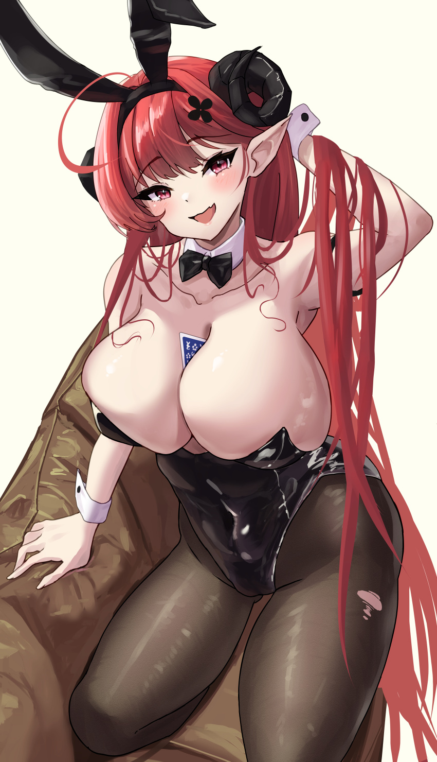 1girl absurdres animal_ears arm_strap azur_lane bare_shoulders between_breasts black_horns black_leotard bouhuuu breasts brown_pantyhose card card_between_breasts commentary_request couch cross_hair_ornament curled_horns demon_girl demon_horns detached_collar fake_animal_ears hair_ornament hand_in_own_hair highres hindenburg_(azur_lane) hindenburg_(delirious_duel)_(azur_lane) horns huge_breasts kneeling leotard long_hair looking_at_viewer official_alternate_costume on_couch open_mouth pantyhose playboy_bunny playing_card pointy_ears red_eyes red_hair simple_background slit_pupils solo strapless strapless_leotard torn_clothes torn_pantyhose undersized_breast_cup very_long_hair white_background