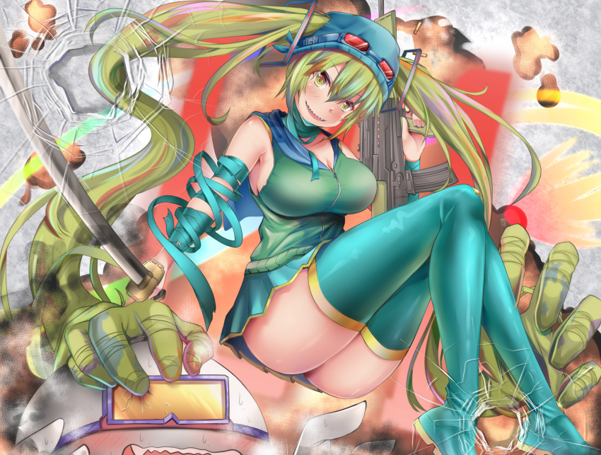 1girl absurdly_long_hair absurdres aqua_footwear aqua_skirt arm_wrap ass assault_rifle bandaged_neck bandages blue_hair blue_headwear blush boots breasts broken_goggles bullet_hole bullpup cleavage commentary_request commission crossover dual_wielding explosion fourth_wall full_body goggles goggles_on_head green_eyes green_hair green_vest gun hair_between_eyes hair_ornament hair_through_headwear hank_miku hatsune_miku head_tilt highres holding holding_gun holding_sword holding_weapon katana knees_up l85 large_breasts long_hair looking_at_viewer madness_combat mag_agent_v4 manatu_kato midair multicolored_hair orange_hair original pleated_skirt prehensile_hair purple_hair red-tinted_eyewear red_hair red_pupils rifle sharp_teeth shell_casing sitting skirt smile smoke solo_focus streaked_hair sweat sword teeth thigh_boots tinted_eyewear twintails upper_teeth_only very_long_hair vest vocaloid weapon yellow-tinted_eyewear zipper