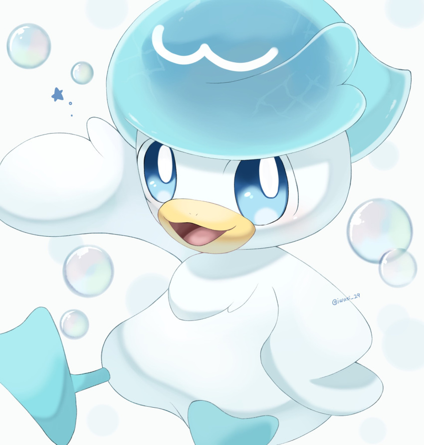 animal_focus artist_name bird blue_eyes blue_hair bright_pupils bubble colored_skin commentary_request duck highres iwasi_29 no_humans open_mouth pokemon pokemon_(creature) quaxly simple_background star_(symbol) twitter_username webbed_feet white_background white_skin