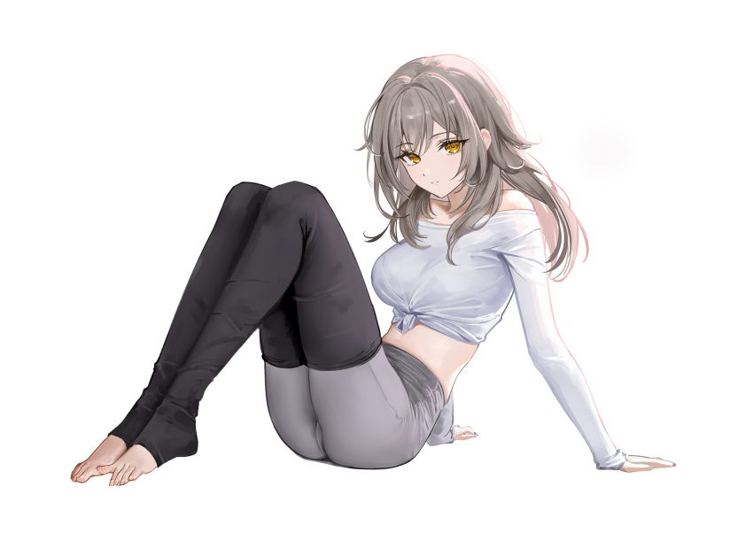 1girl arm_support bare_shoulders black_thighhighs breasts closed_mouth commentary crop_top feet grey_hair grey_pants highres honkai:_star_rail honkai_(series) knees_up large_breasts legs long_hair long_sleeves looking_at_viewer midriff no_shoes off-shoulder_shirt off_shoulder pants rity shirt simple_background sitting solo spread_toes stelle_(honkai:_star_rail) stomach thighhighs thighs tied_shirt toeless_legwear toenails toes trailblazer_(honkai:_star_rail) white_background white_shirt yellow_eyes