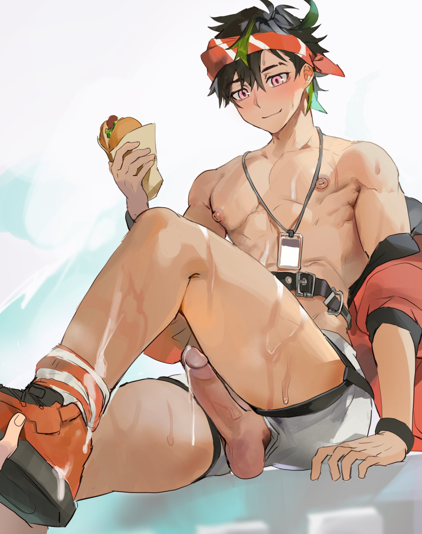 1boy abs ahoge arknights bare_pectorals belt black_hair blush bryophyta_(arknights) clothing_aside cum cumdrip dyed_ahoge erection food hair_over_eyes headband highres holding holding_food holding_sandwich id_card itsme_takk jacket jacket_partially_removed looking_ahead male_focus pectorals penis pink_hair short_hair shorts shorts_aside solo_focus toned toned_male uncensored