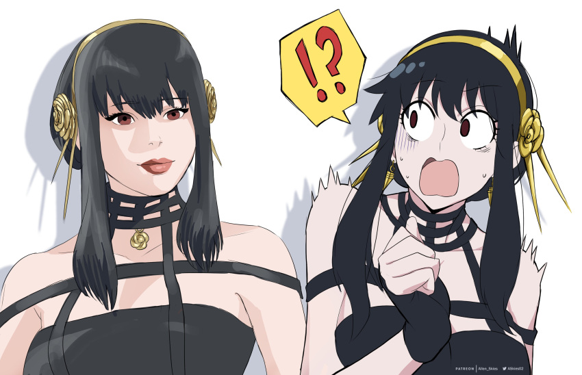 2girls absurdres allen_skies bare_shoulders black_dress black_hair breasts cleavage commentary cosplay dress earrings flower gloves gold_earrings gold_hairband hair_ornament hairband highres jewelry large_breasts long_hair multiple_girls red_eyes sidelocks smile spy_x_family street_fighter street_fighter_6 two-sided_dress two-sided_fabric yor_briar yor_briar_(cosplay)