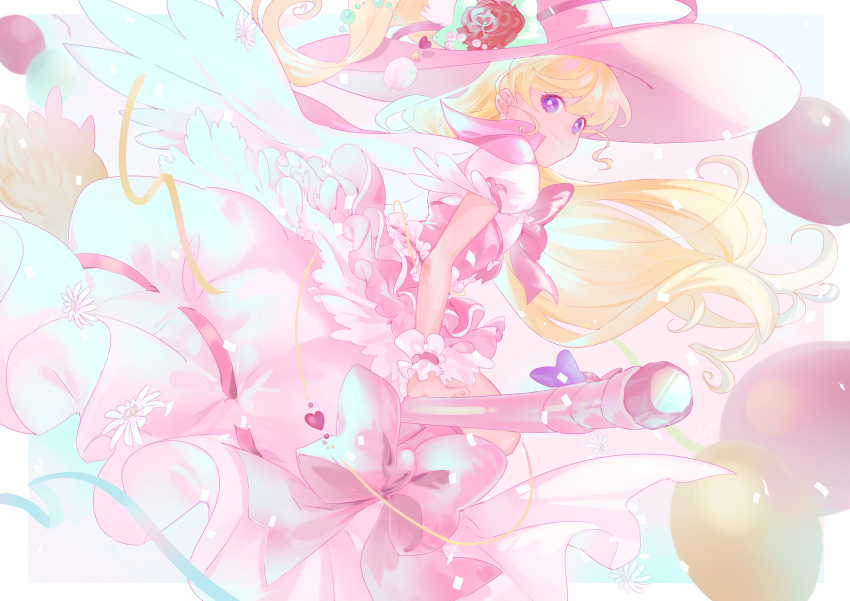 asahina_mirai blonde_hair bow bowtie broom broom_riding closed_mouth cure_miracle floating_hair flower hat hat_flower highres layered_skirt long_hair mahou_girls_precure! miniskirt pink_bow pink_bowtie pink_headwear pink_skirt precure purple_eyes red_flower shipu_(gassyumaron) shirt skirt smile underbust very_long_hair white_shirt white_skirt witch_hat wrist_cuffs