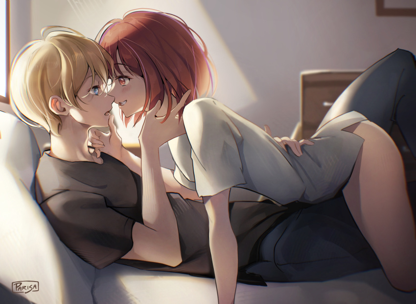 1boy 1girl absurdres arima_kana bare_legs bed black_shirt blonde_hair blue_eyes blue_pants blurry blurry_background blush bob_cut commentary commission english_commentary eye_contact hand_on_another's_chin highres hoshino_aquamarine indoors inverted_bob looking_at_another naked_shirt no_panties on_bed oshi_no_ko pants parisa_reaz pillow red_eyes red_hair shirt short_hair smile sunlight white_shirt