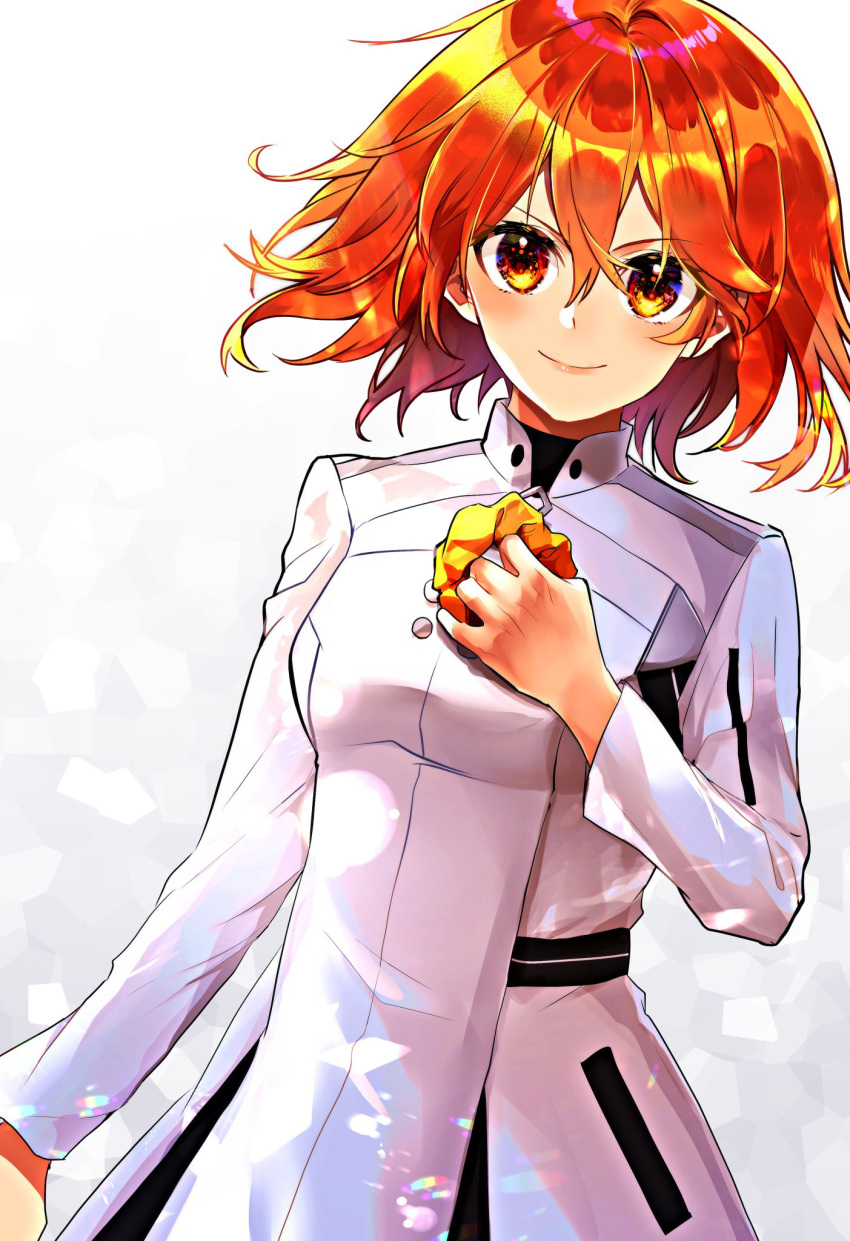 1girl closed_mouth fate/grand_order fate_(series) floating_hair fujimaru_ritsuka_(female) fujimaru_ritsuka_(female)_(decisive_battle_chaldea_uniform) gradient_background hair_between_eyes highres holding holding_scrunchie jacket long_hair long_sleeves mitsubachi82 orange_eyes orange_hair orange_scrunchie scrunchie smile solo straight_hair uniform white_background white_jacket