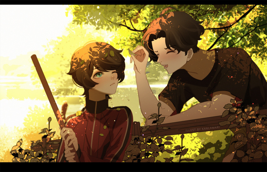 2boys ^_^ artist_name black_border black_collar black_hair black_shirt black_sleeves blue_eyes border broom bush buzen_gou closed_eyes closed_mouth collar collared_jacket commentary day english_commentary english_text fence frown furrowed_brow high_collar holding holding_broom holding_leaf horikawa_kunihiro jacket kanlamari lake leaf leaf_on_head letterboxed light_blush long_sleeves looking_at_another male_focus multiple_boys one_eye_closed open_mouth outdoors parted_bangs red_jacket red_sleeves shirt short_hair short_sleeves sky smile t-shirt teeth touken_ranbu track_jacket tree upper_body white_sky yaoi zipper